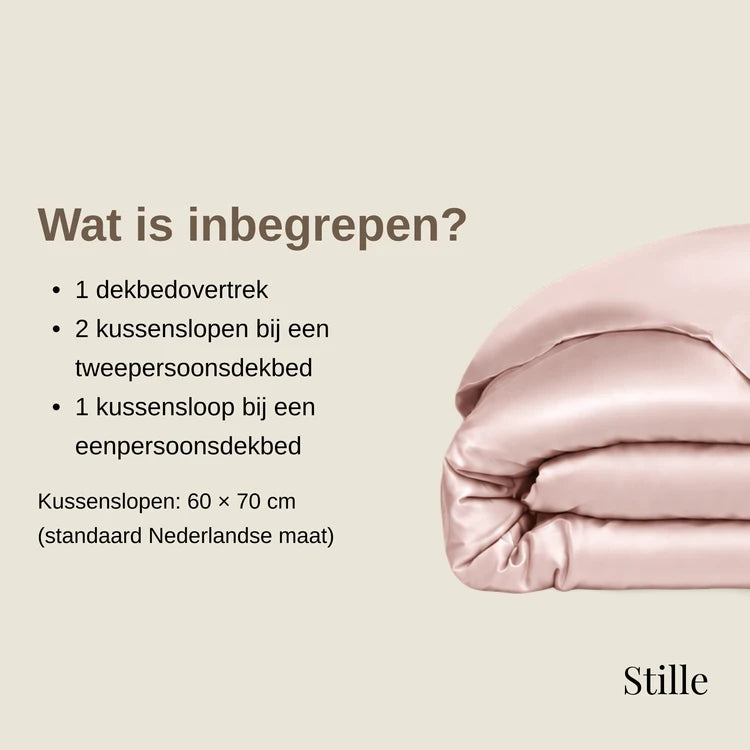 Wat is inbegrepen? 1 dekbedovertrek. 2 kussenslopen bij een tweepersoonsdekbed of 1 kussensloop bij een eenpersoonsdekbed. Kussenslopen: 60 × 70 cm, standaard Nederlandse maat.
