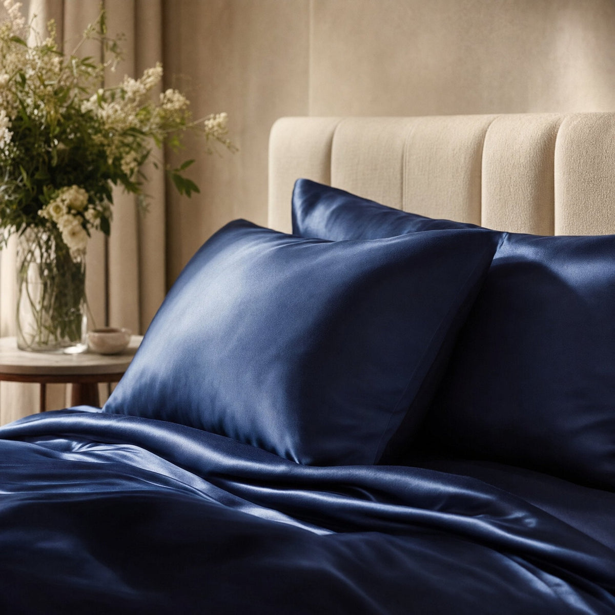 Bed opgemaakt met wit beddengoed, met een grijze plaid over de hoek