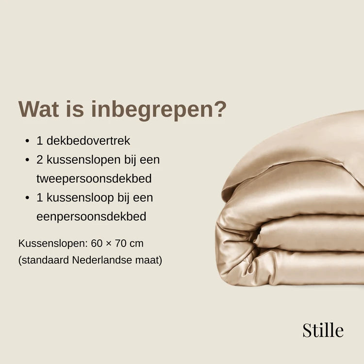 Wat is inbegrepen? 1 dekbedovertrek. 2 kussenslopen bij een tweepersoonsdekbed of 1 kussensloop bij een eenpersoonsdekbed. Kussenslopen: 60 × 70 cm, standaard Nederlandse maat.