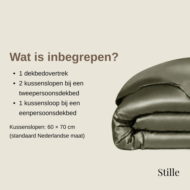 Wat is inbegrepen? 1 dekbedovertrek. 2 kussenslopen bij een tweepersoonsdekbed of 1 kussensloop bij een eenpersoonsdekbed. Kussenslopen: 60 × 70 cm, standaard Nederlandse maat.