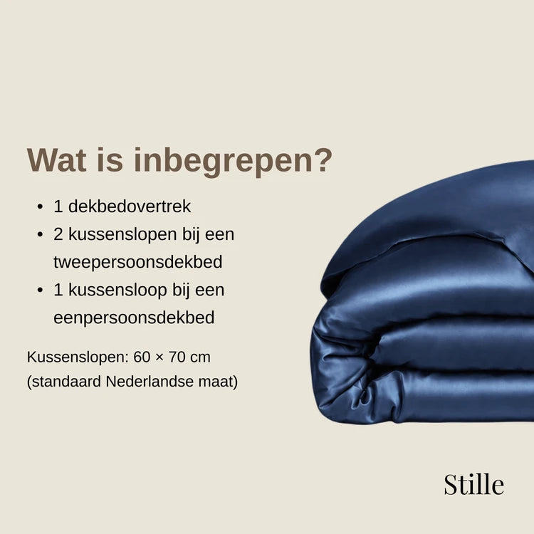Wat is inbegrepen? 1 dekbedovertrek. 2 kussenslopen bij een tweepersoonsdekbed of 1 kussensloop bij een eenpersoonsdekbed. Kussenslopen: 60 × 70 cm, standaard Nederlandse maat.